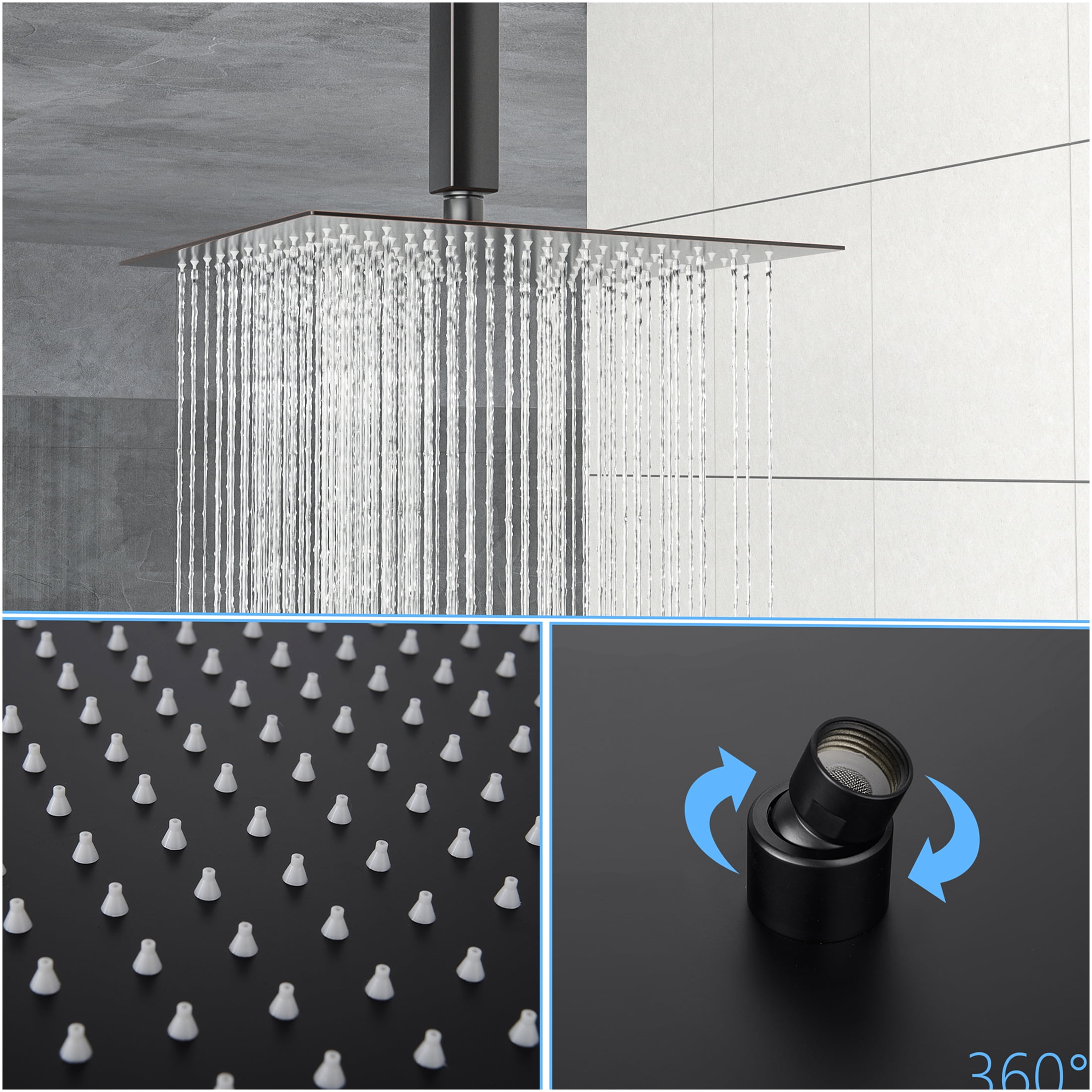 JERFIT 12 Inch Square Rain Shower Head, Oil Rubbed Bronze Stainless Steel Fixed Rainfall Showerhead with 360° Rotation, Easy-Clean Silicone Jets