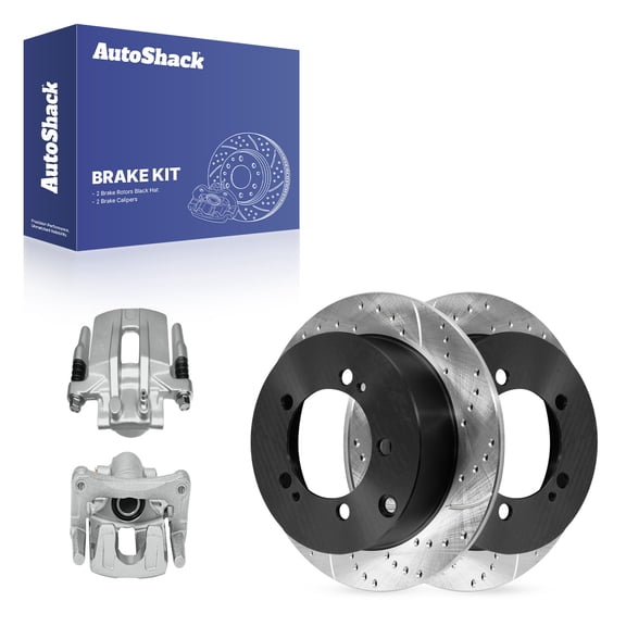 AutoShack Rear Solid Drilled & Slotted E-Coated Brake Rotors   Calipers 4-PC Brake Kit Replacement for 2009-2011 Mitsubishi Outlander ShadowGuard 11.89" (302 mm)