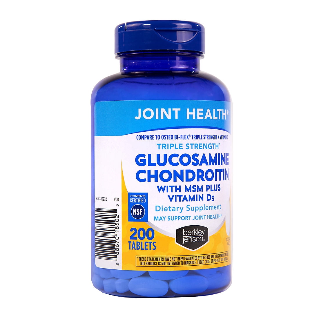Berkley Jensen Triple Strength Glucosamine Chondroitin with MSM + Vitamin D3 Supplement Tablets, 200 ct.