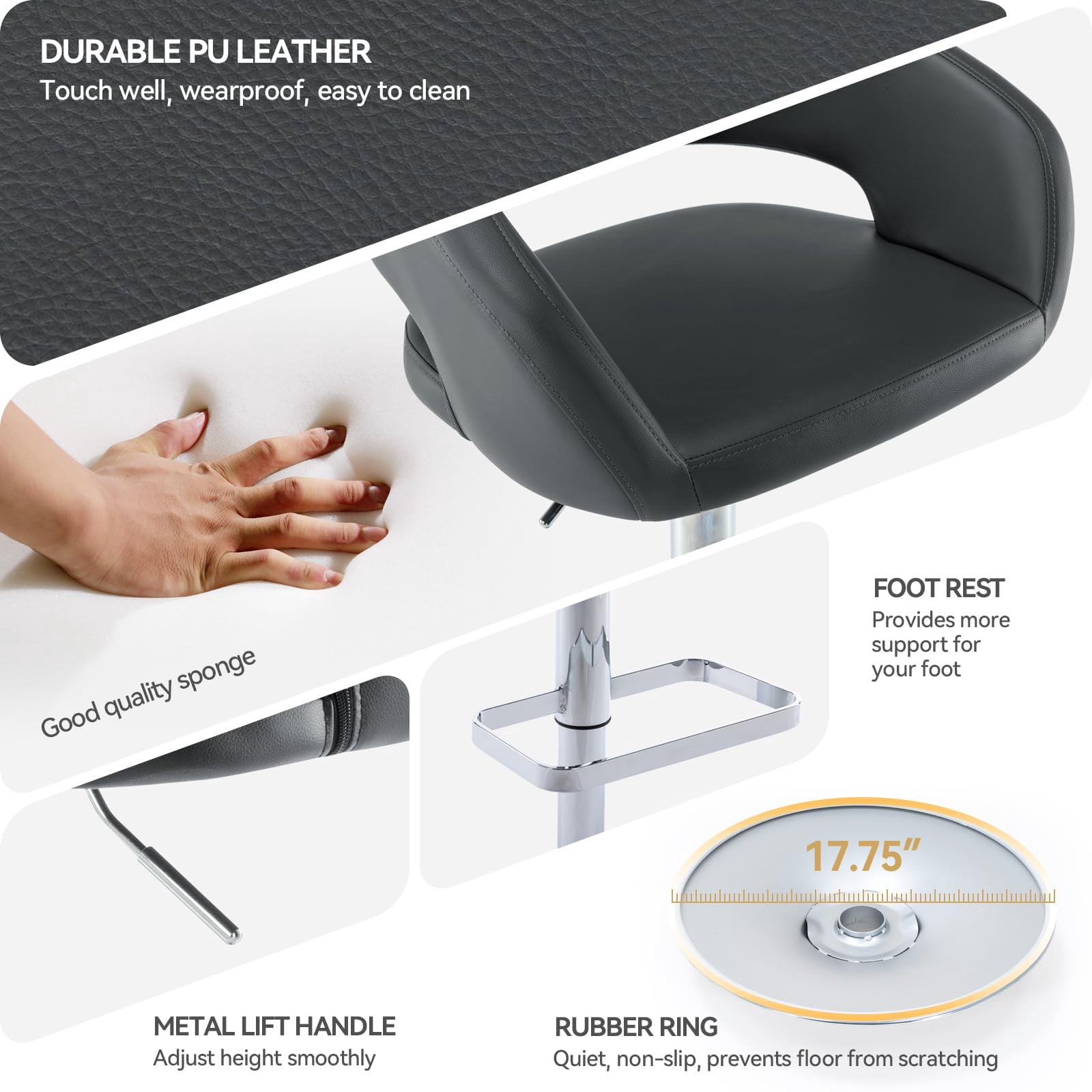 PU Leather Bar Stools, Adjustable Height 24."-32.25, Swivel Barstools with Back & Footrest, Upholstered Bar Chairs for Kitchen Island, Dining Room, Home Bar (Grey, Silver Base)