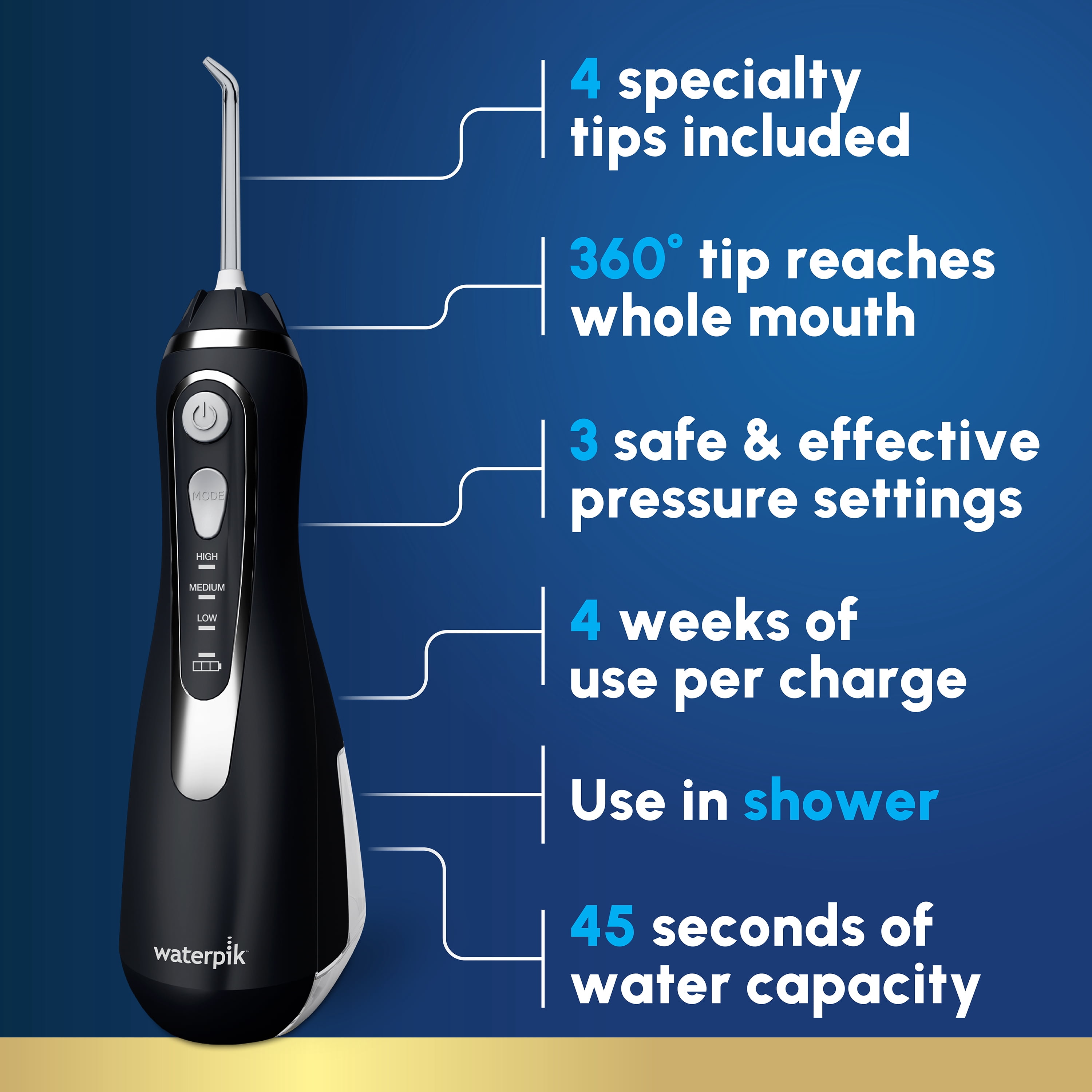 Waterpik Cordless Advanced 2.0 Water Flosser with 3 Settings, 4 Tips & Travel Bag, ADA Accepted, Black