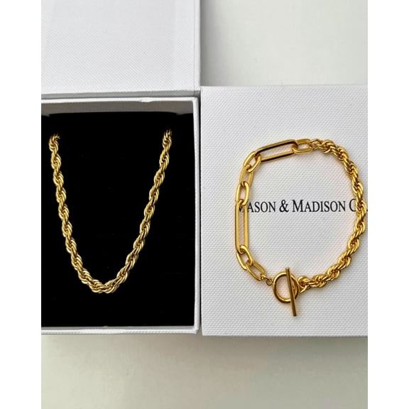 Women's 18K Gold Rope Chain Necklace Bracelet Bundle Set