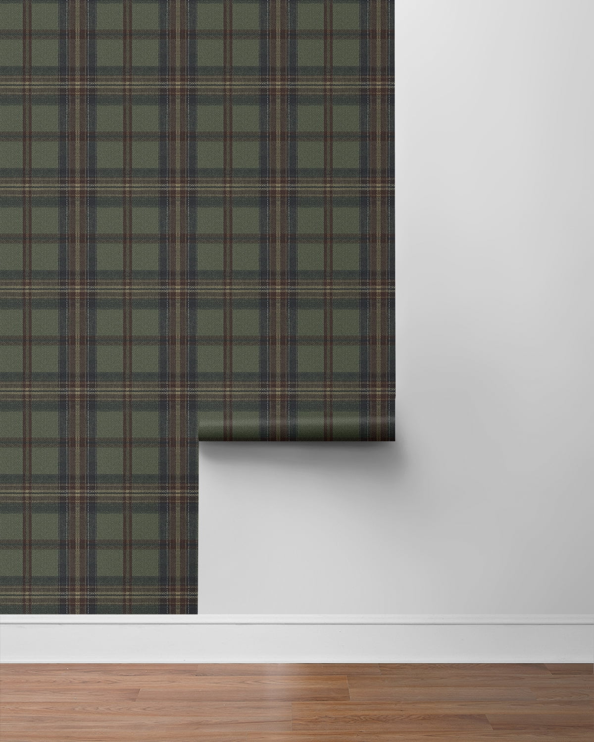 Harry & Grace Adobe & Antique Green Herringbone Plaid Premium Matte Non-Woven Peel and Stick Wallpaper - 20.5 in. W x 18 ft. L Roll