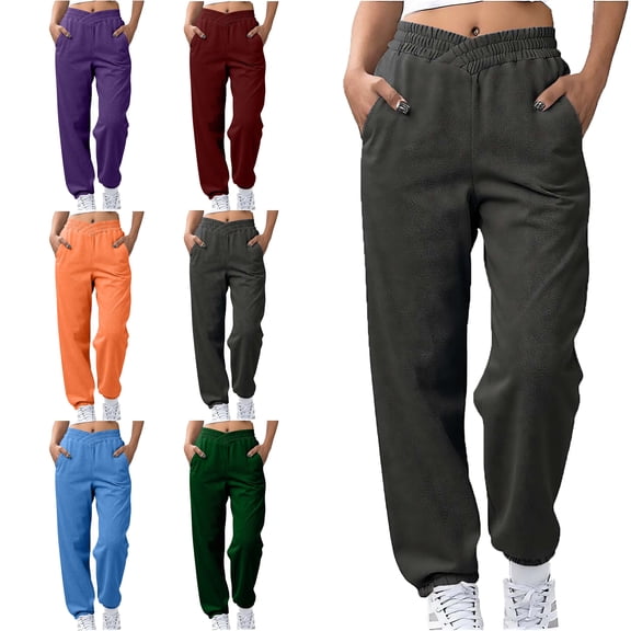Women's Casual Sweatpant 2026 Plus Size Fall and Winter Solid Color Leisure Sports Casual Drawstring Elastic Waistband Pocket Sweatpants