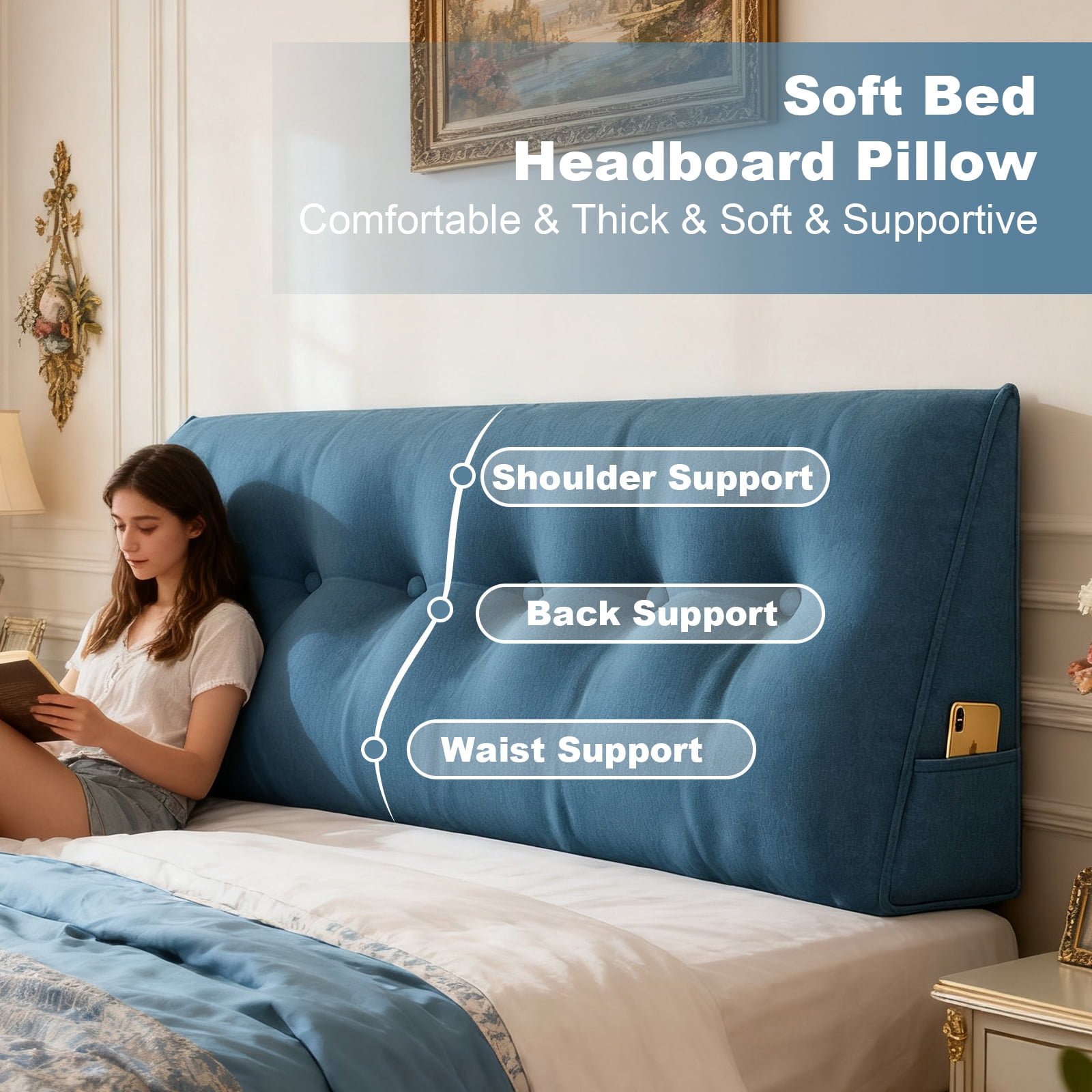 ANMINY Soft Fleece Headboard Pillow - High Elastic Pearl Cotton Filling, Removable Cover, Side Pocket, Ideal for Bed & Sofa Back Support