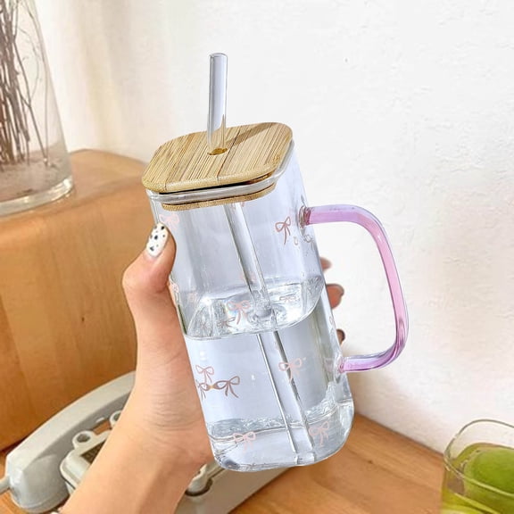 Glass Mug with Lid and Straw Iced Coffee Cup with Handle Square Drinking Glasses Tumbler Cups for Smoothie Juice,12 OZ(A)