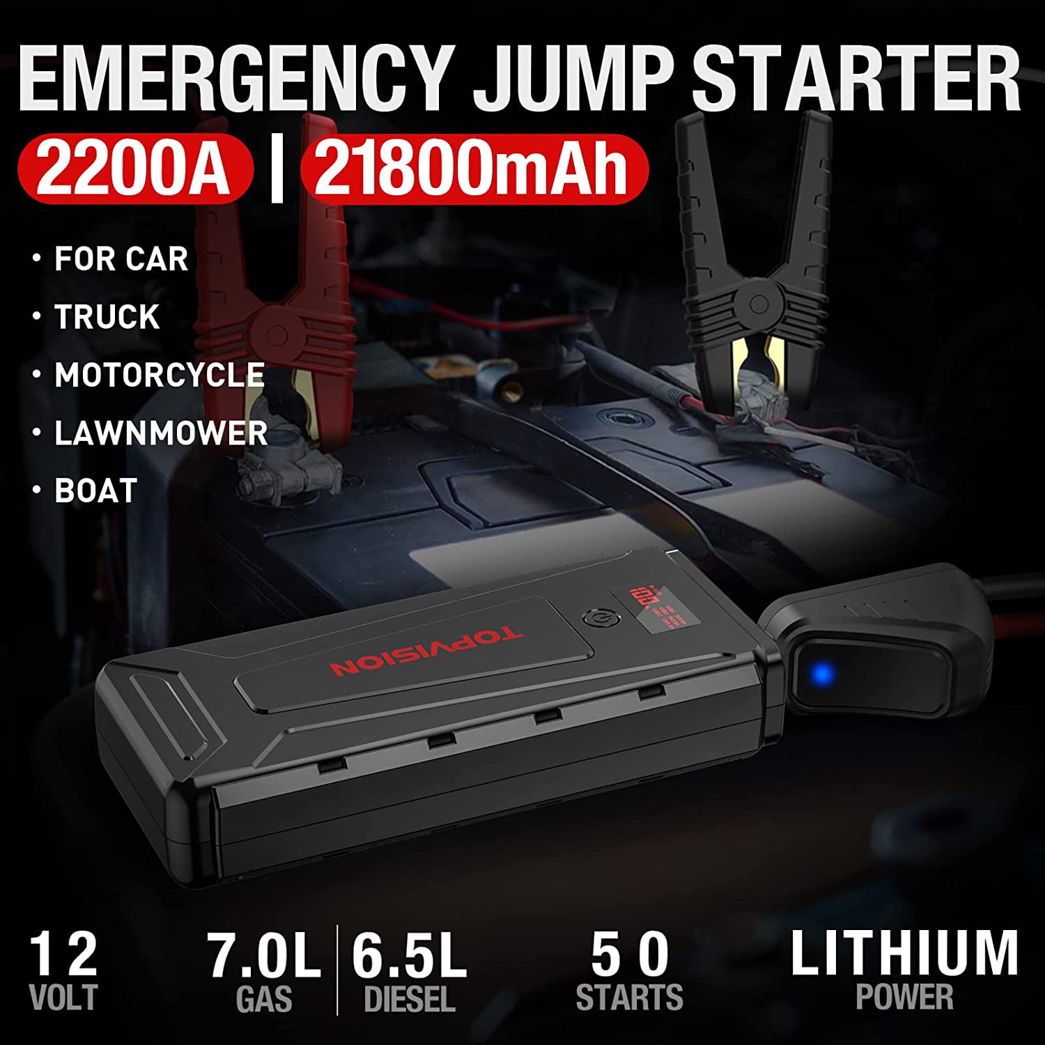 TOPVISION T-26 Jump Starter, 2200A Peak 21800mAh Portable Car Battery Jump  Starter
