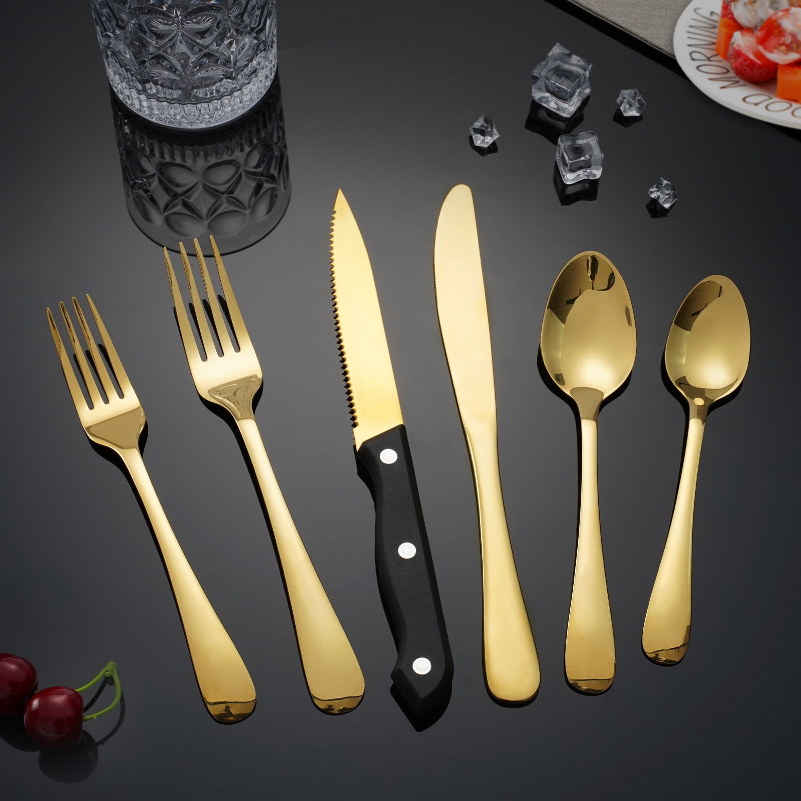 Koomade 24 Pieces Flatware Set For 4, with Steak Knives, Stainless Steel Cutlery Set, Mirror Polished, Tableware Utensils for Home Kitchen Restaurant Hotel, Dishwasher Safe, Gold