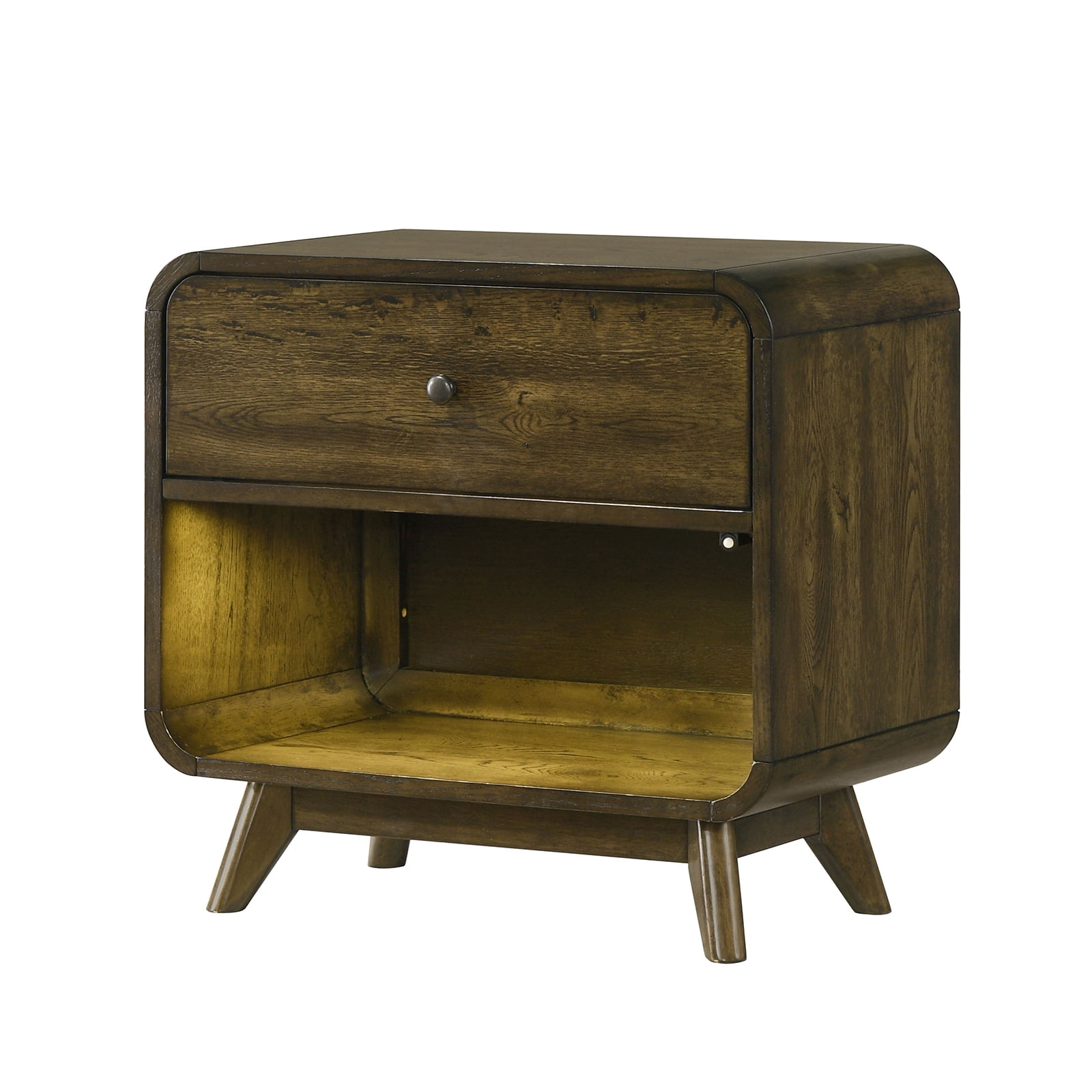 Nightstand LED Lights Side Glide Angled Legs Rustic Oak Finish Bedroom Furniture