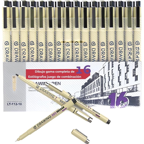 Estilografos (16PCS), Rotuladores, Plumas de Dibujo Negro. 16 estilógrafos de diferentes tipos, adecuado para dibujos finos, cómics, diseño arquitectónico y otras creaciones