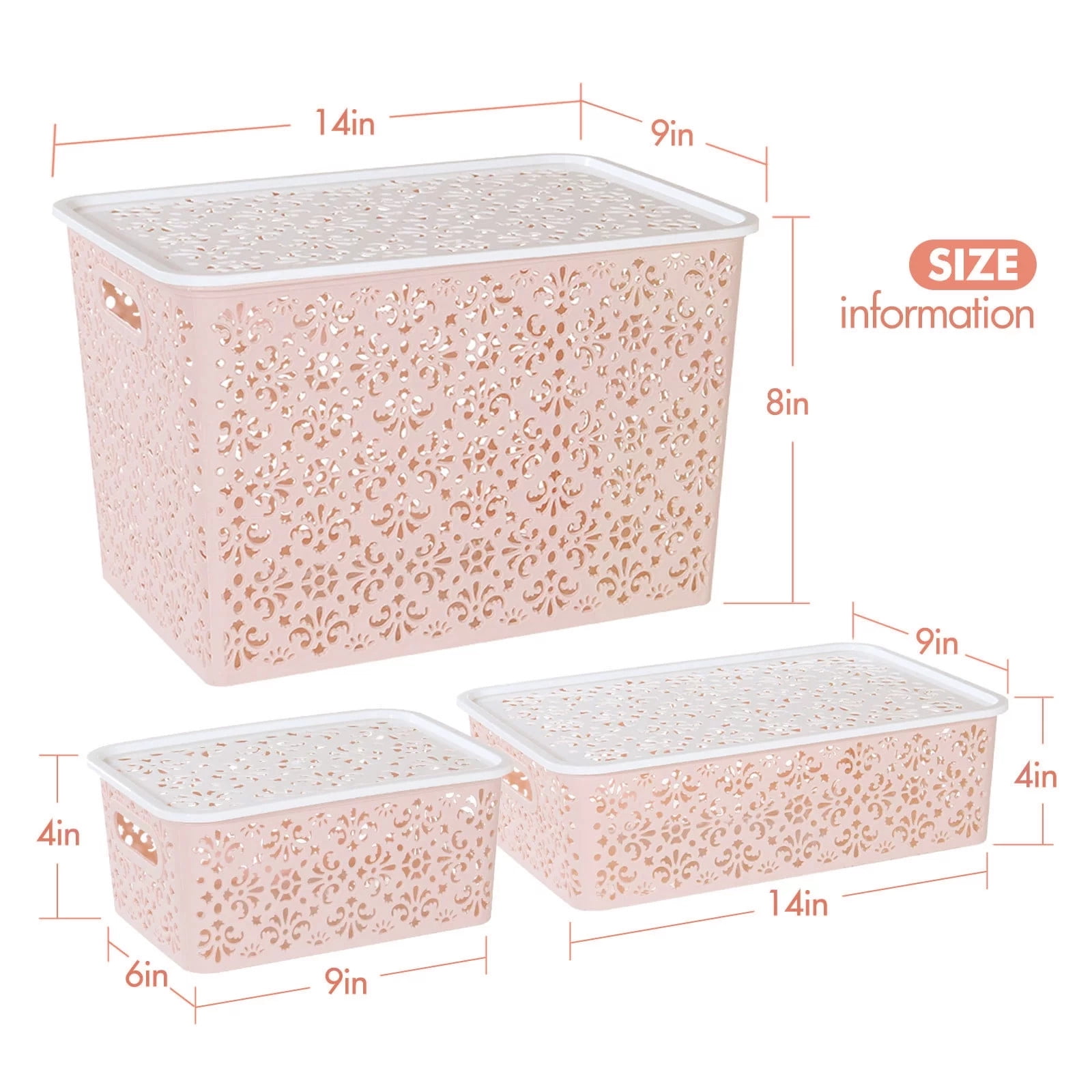TEAFIRST Set of 4 Storage Bins, Organizer Container with Lids Stackable for Bathroom, Plastic, Pink