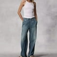 thumbnail image 2 of Womens Stretchy Denim Pants with Pockets Mid Waisted Wide Straight Leg Loose Fit Pants Casual Baggy Jean Trousers 2025, 2 of 5