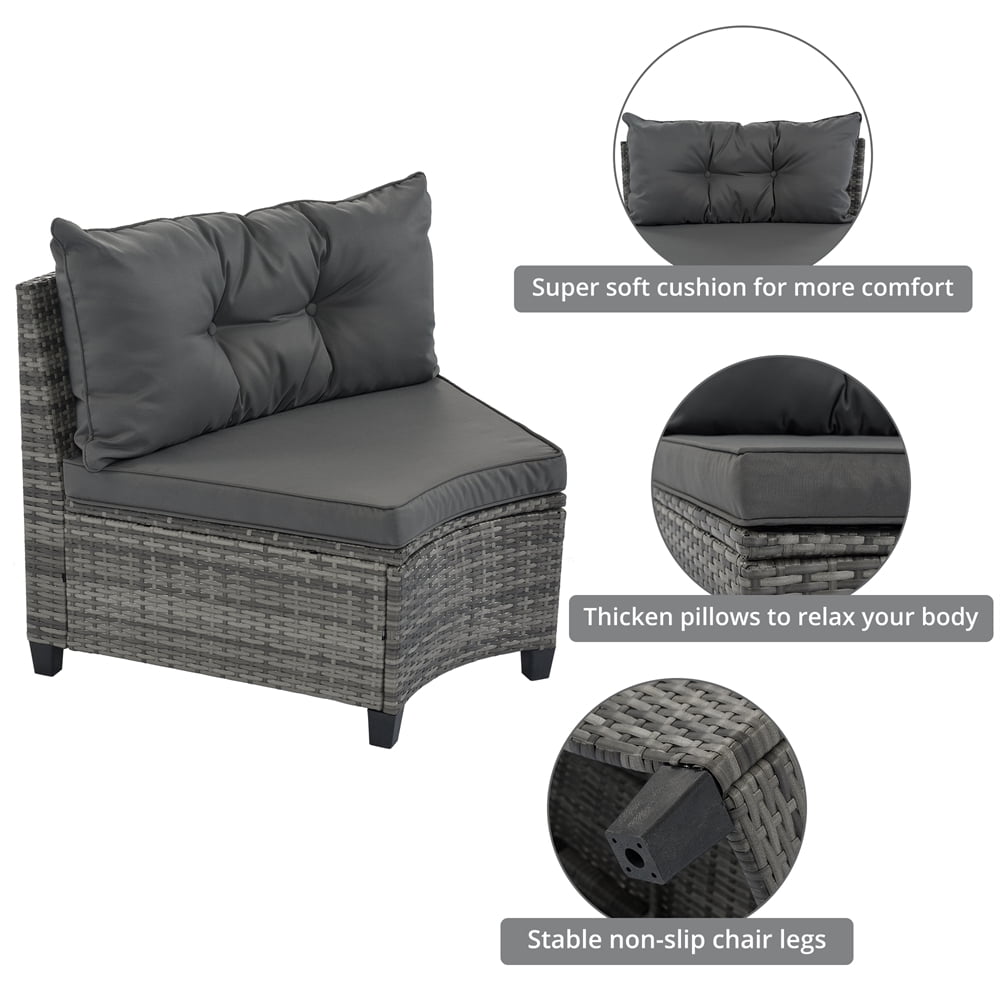 8 Pieces Outdoor Wicker Round Furniture Set, All Weather Half-Moon Sectional Patio Sofa Sets with Rectangular Coffee Table, Gray