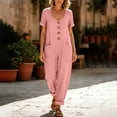 thumbnail image 6 of Women's Cotton Linen Solid‑Color Short‑Sleeve Jumpsuit U‑Neck Button‑Front Loose Baggy One‑Piece Pants with Side Pockets Pink M(M), 6 of 9