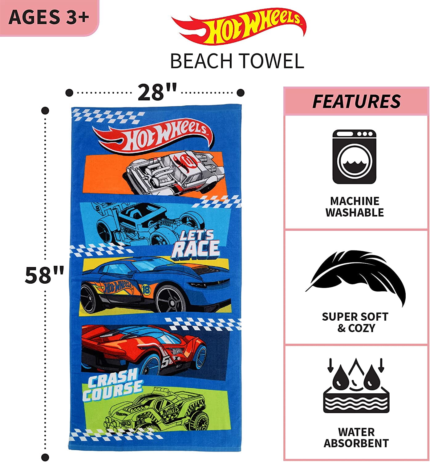 Franco Kids Super Soft Cotton Bath/Pool/Beach Towel, 58 In x 28 In, Hot Wheels 58 in x 28 in Hot Wheels