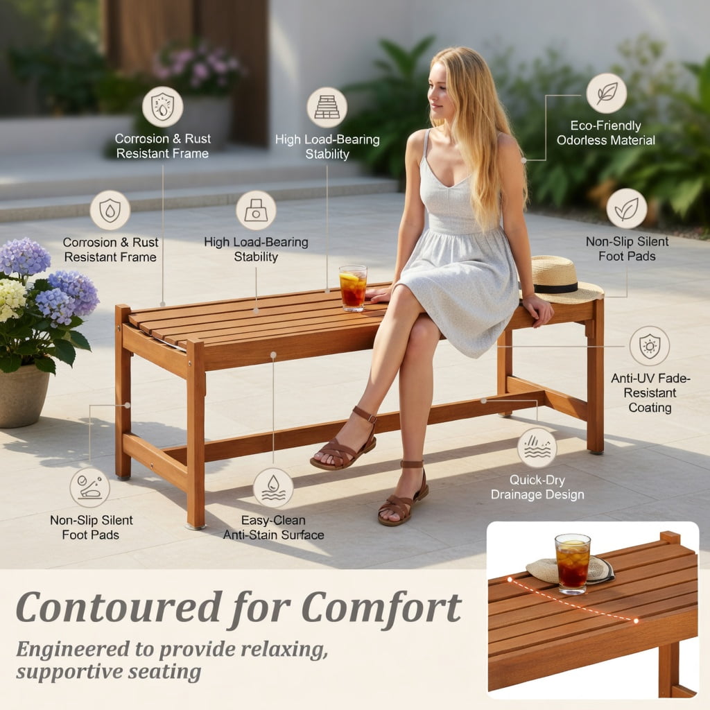 Hommoo 44" Outdoor Hardwood Patio Bench Set of 2, Teak Oil Finished Solid Teak-Look Dining Benches for Garden, Deck & Entryway, Ergonomic Slatted Design, Natural