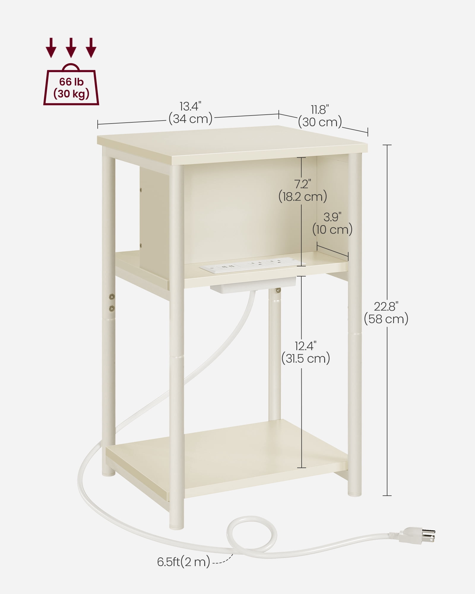 3-Tier End Table with Charging Station Side Table with USB Ports and Outlets Nightstand Cream White
