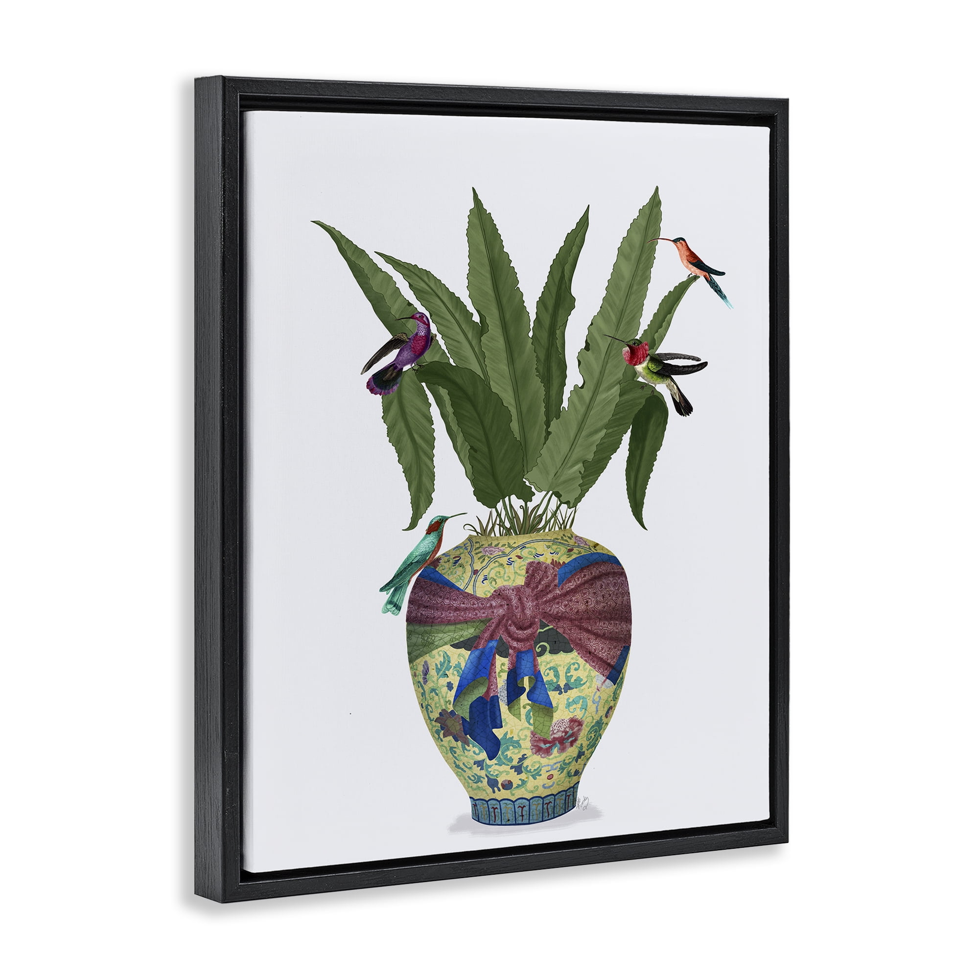 Stupell Industries Traditional Birds on Planter Botanical & Floral Painting Black Floater Framed Canvas Art Print Wall Art, 25 x 31