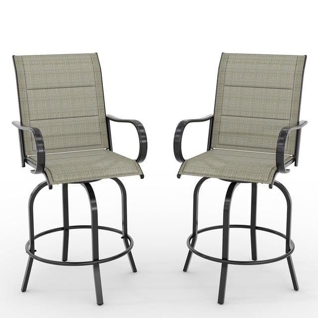 Outdoor Swivel Bar Stools Set of 2, Bar Height Patio Chairs with High Back & Armrest, All-Weather Textilene Fabric