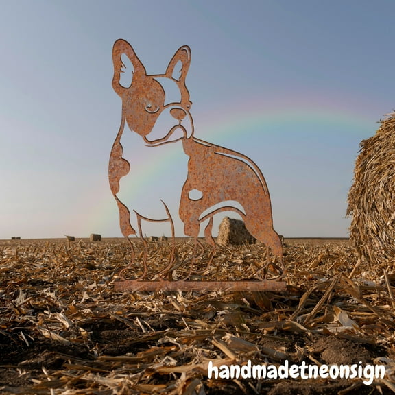 Handmadetneonsign Boston Terrier Dog Rusty Metal Stake, Dog Memorial Stake, Metal Garden Sculpture 72243