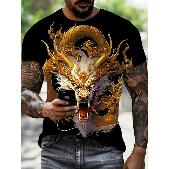 Men's 3D Dragon Graphic Novelty T-Shirt - Black, Short Sleeve, Crew Neck, 100% Polyester, Machine Washable - Ideal for Summer Outdoor Activities