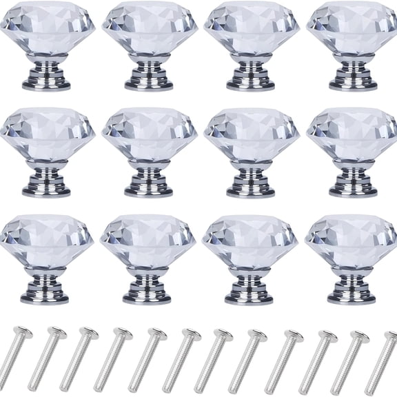 12-piece crystal glass drawer pull knobs, suitable for bathroom cabinets, wardrobes, dressing tables and storage units (30mm, 12-piece set) Transparent