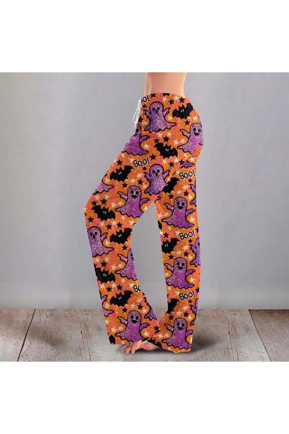 Womens Halloween Pajamas Pants Drawstring Stretch Cute Ghost Print Pjs Casual Plus Size Sleep Pants