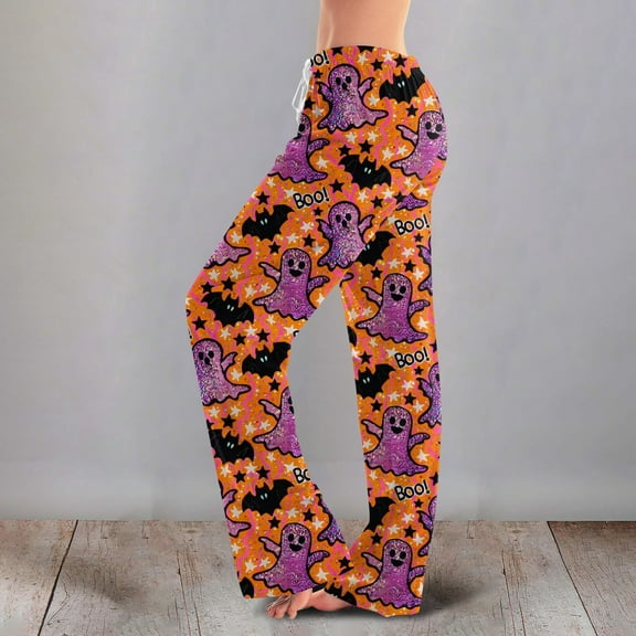 LHVUOA Womens Halloween Pajamas Pants Drawstring Stretch Cute Ghost Print Pjs Casual Plus Size Sleep Pants