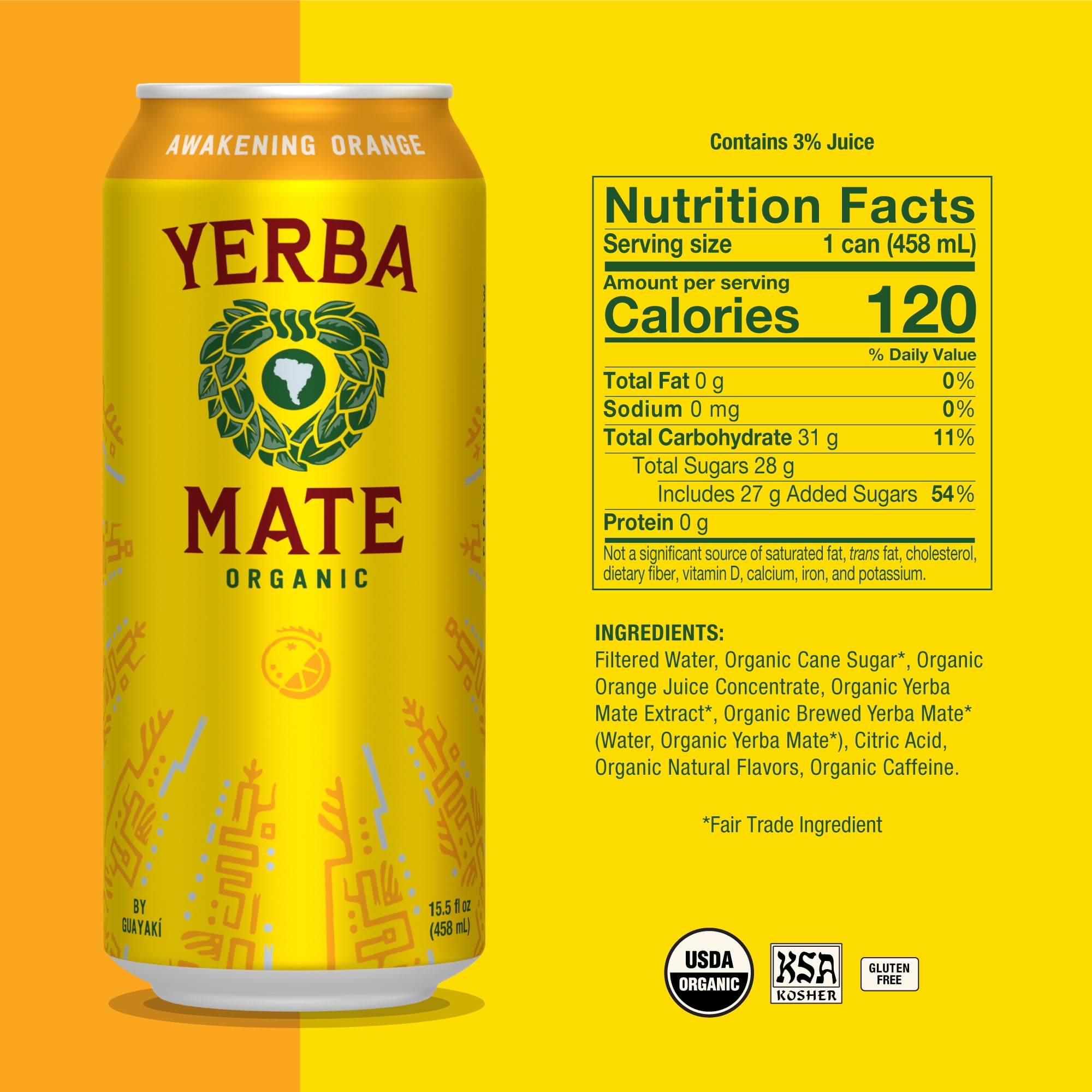Guayakí Yerba Mate, Organic Energy Drink Alternative, Awakening Orange, 150mg Natural Plant Based Caffeine, Better for You Energy, No Jitters or Crash, 15.5 Oz (Pack of 12)