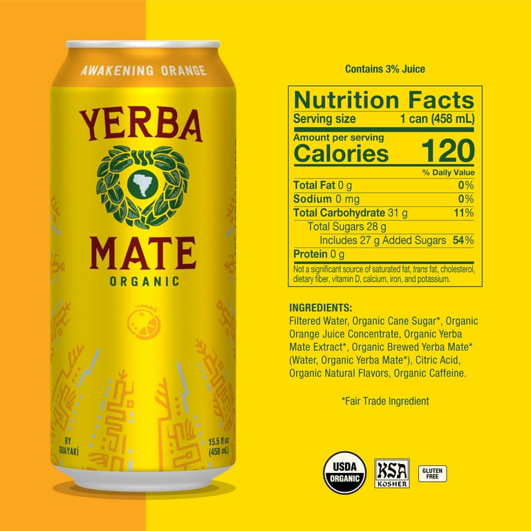 Guayakí Yerba Mate, Organic Energy Drink Alternative, Awakening Orange, 150mg Natural Plant Based Caffeine, Better for You Energy, No Jitters or 