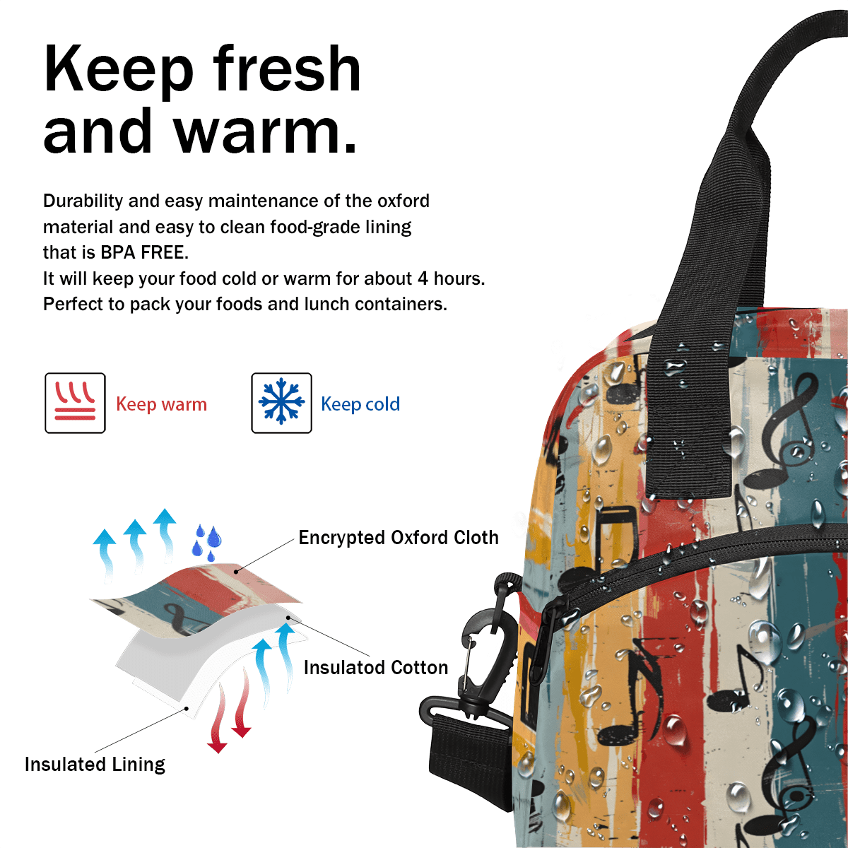 Herdesigns Music Themed Insulated Lunch Bag for Women Men Adults Large Reusable Lunch Box Musical Notes Leakproof Cooler Tote Bags with Adjustable Shoulder Strap