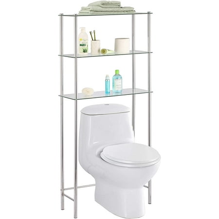 Home Basics 3-Tier Over-The-Toilet Glass Space Saver  Chrome  25.9x10.6x 58.2 Inches
