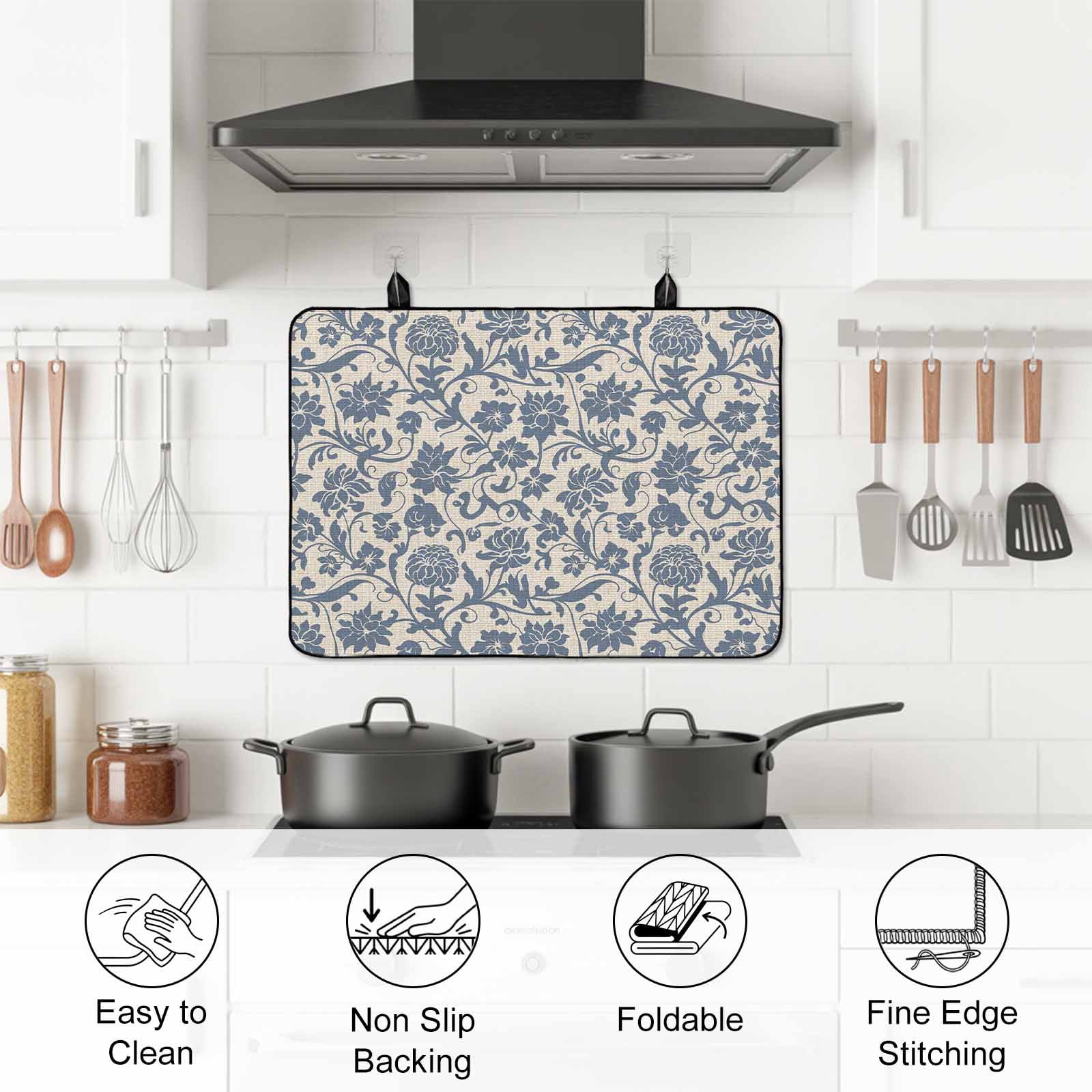 Light Blue Floral Stove Top Cover for Electric Stove, Heat-proof & Non Slip Glass Top Stove Cover Protector, Rustic Vintage Flowers Botanical Spring Kitchen Flat Cooktop Rubber Mat 28.5x20.5 Inches