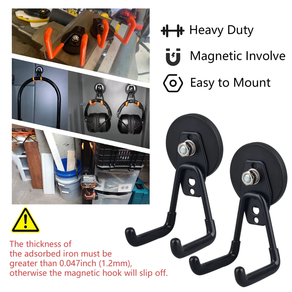 2Pc Garage Black Magnetic Hooks Storage Metal Utility Organizer Tool Hanger
