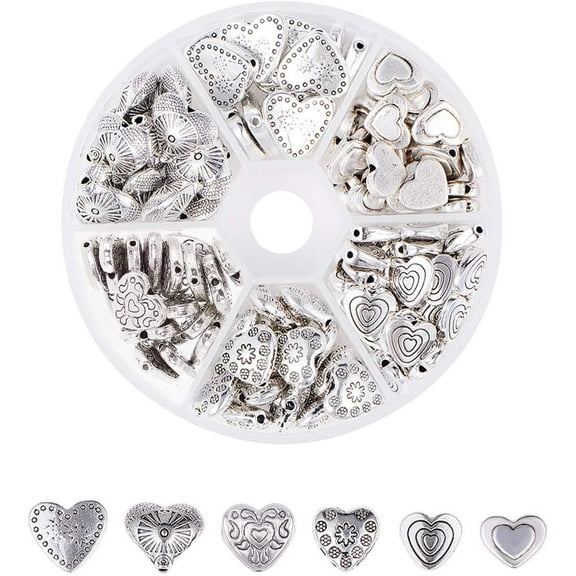 125pcs 6 Style Heart Spacer Beads Tibetan Alloy Antique Sweet Love Heart Metal Beads for Valentine's Day Wedding Mother's Day Thanksgiving Bracelet Earring Necklace Xmas Jewelry Making Silver