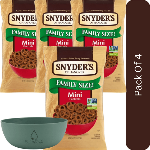 Snyder's of Hanover Mini Pretzels, 16 oz Bag-4pk, With Olive Green Bowl By ValueNest