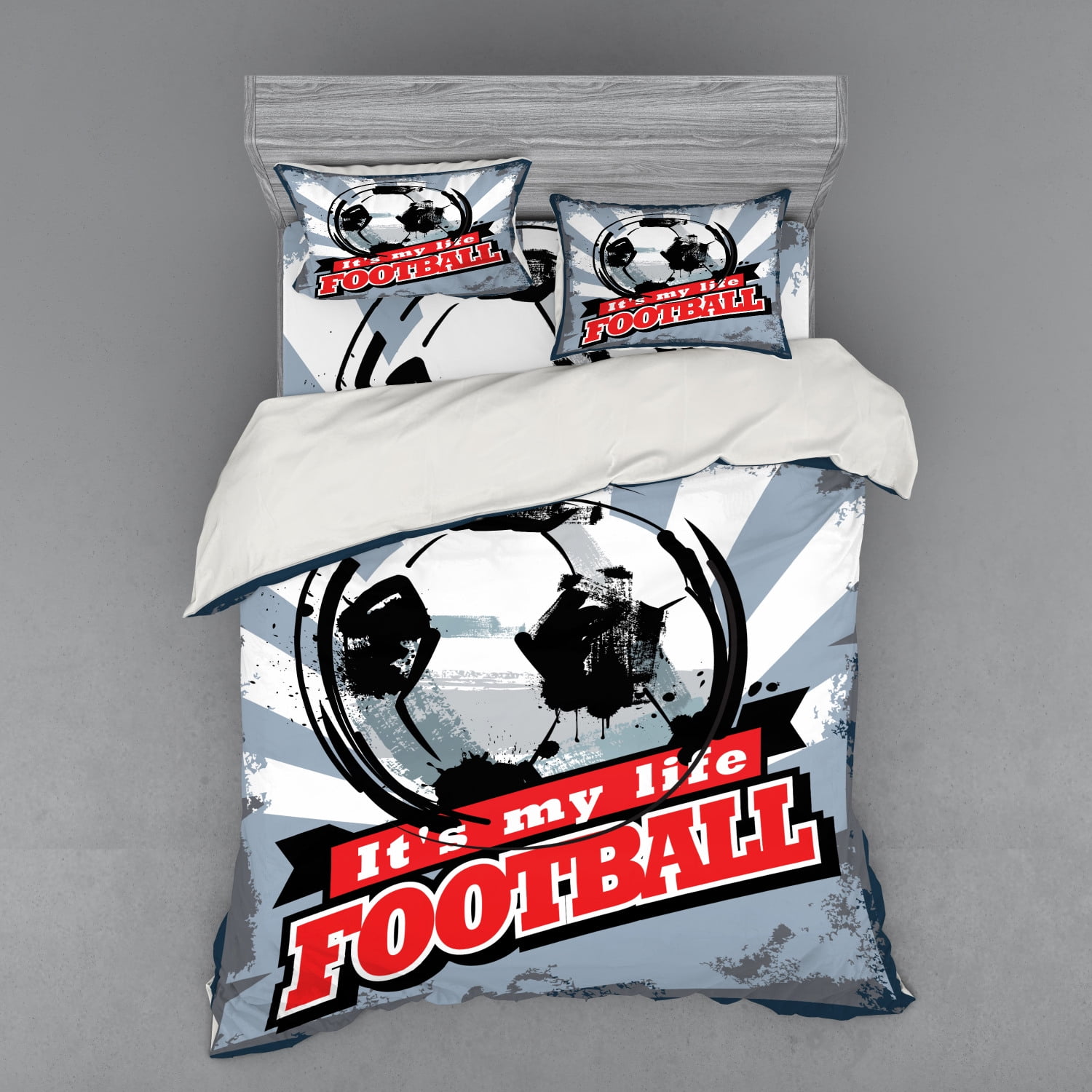 Soccer Duvet Cover Set, Football is My Life Words in Vintage Grungy Graphic Design Goal Sports