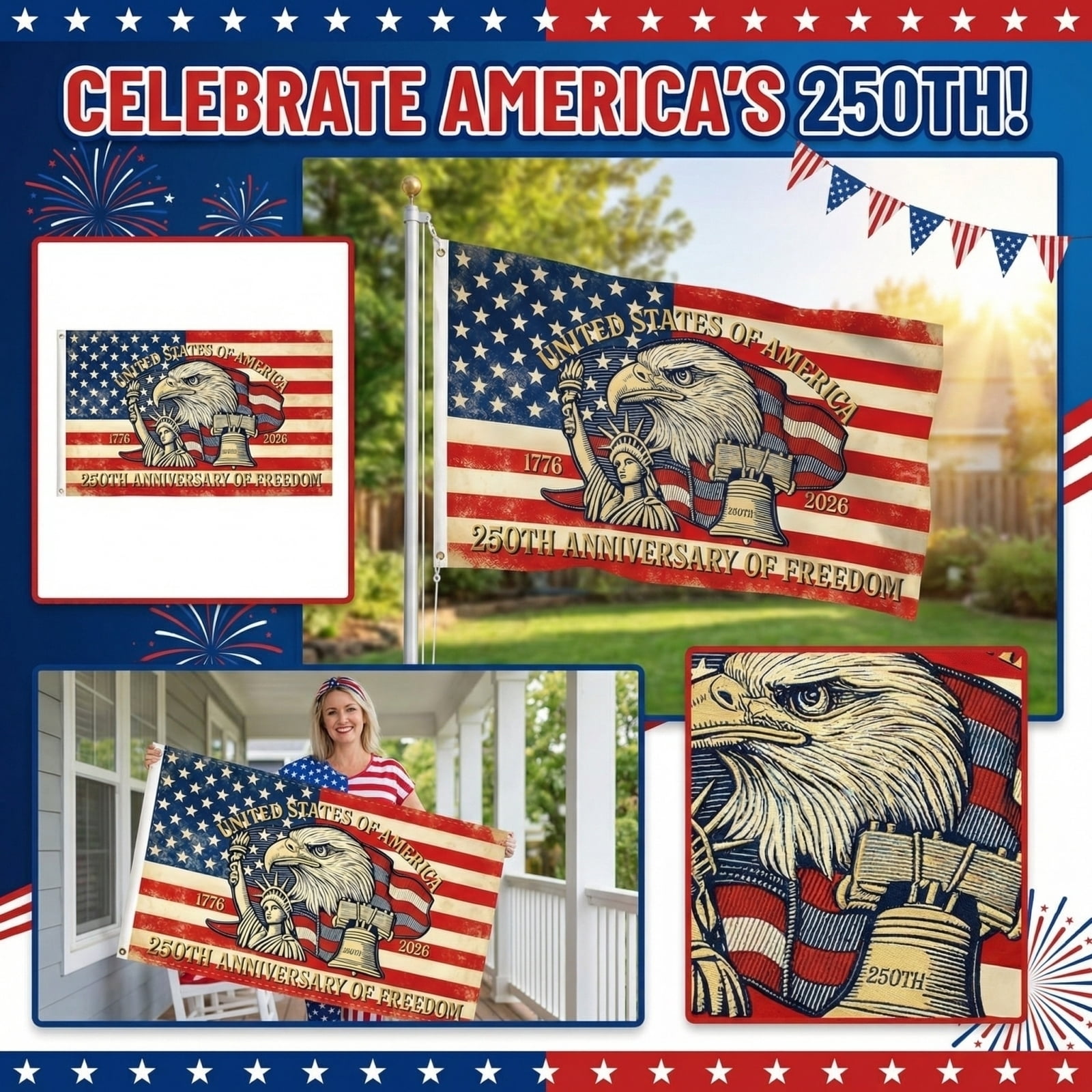 250th Anniversary USA Flag 3x5 Ft, 1776-2026 United States Patriotic Flags Banner with Eagle and Liberty Bell, Durable Outdoor Decoration for Independence Day, Memorial Day, Fourth of July Party