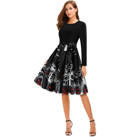Halloween Dress O neck Women's Long Sleeve 1950s Vintage Cocktail Dress Pumpkin Printed Cosplay Party Costume(Tree,XXL)
