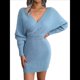 thumbnail image 3 of Vestido Mini de Punto Cruzado de Larga con de Murciélago para Cóctel para Mujer Azul S, 3 of 9