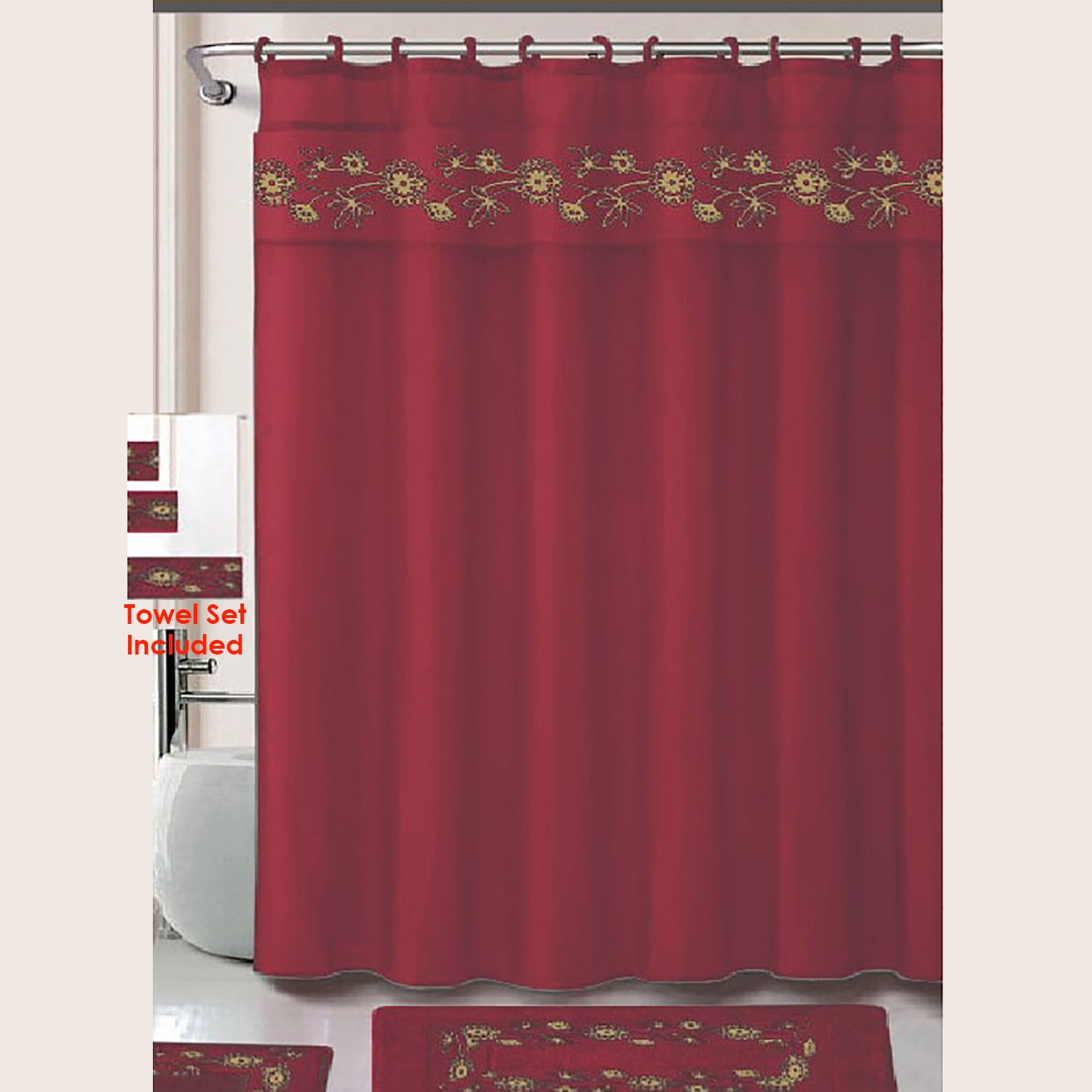 Louissa 18 Piece Embroidered Bath Rug with Towel Set, Burgundy