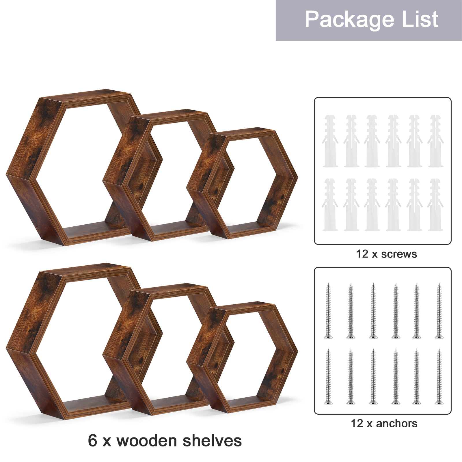 Hexagon Floating Shelves Set of 6 Honeycomb Shelves for Wall, Burnt Brown
