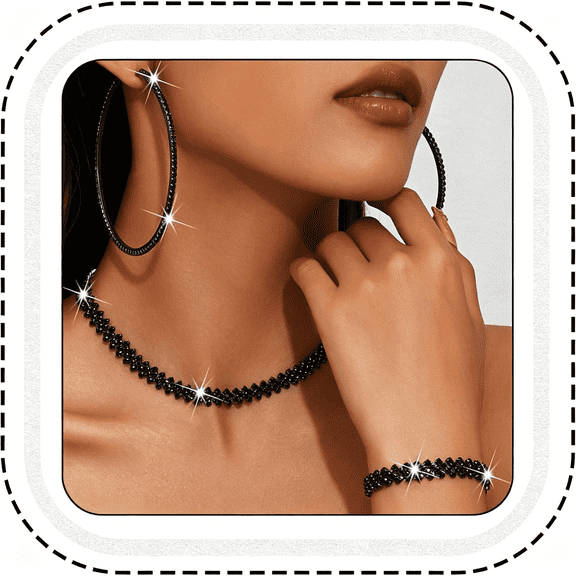 DESIGNICE Black Jewelry Sets Rhinestone Necklace Hoop Earrings Bracelet Set Prom Formal Sparkly Costume Jewelry Sets for Women