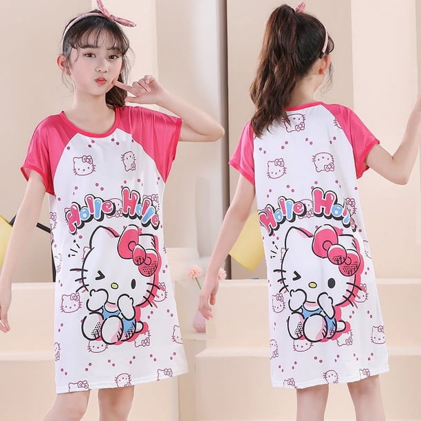 Sanrio-vestido de Hello Kitty para niñas, camisón de dibujos animados de Anime, pijamas de verano, ropa de dormir de manga corta, ropa de casa