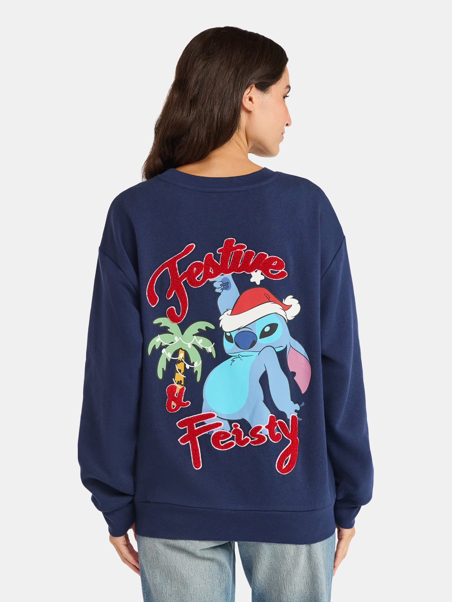 Disney Stitch Women’s Christmas Graphic Sweatshirt with Long Sleeves, Sizes XS-XXL