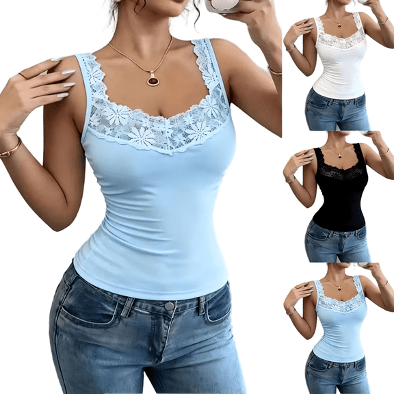 Tqcoqu Lace Camisole Tank Tops for Women,V Neck Wide Strap Soft Ribbed Lace Trim Cami Top,Black Women's S-XXL
