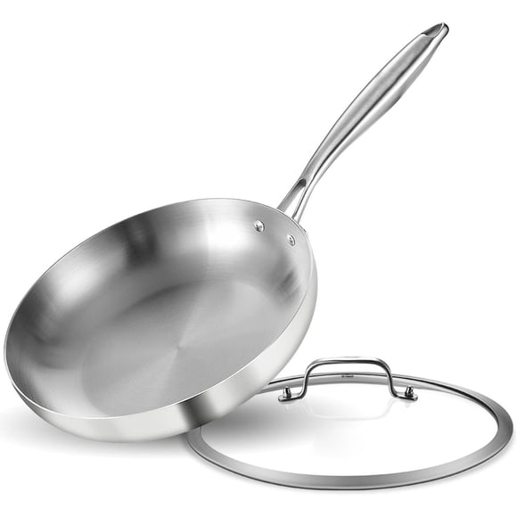 Sartén de acero inoxidable de 24 cm, tricapa, con tapa, sartén, compatible con cocina de inducción, apta para lavaplatos y horno, mango remachado.