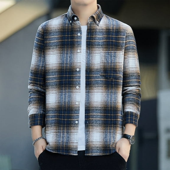 Aueoeo Plaid Dress Shirts For Men Button Up Shackets Long Sleeve Laple Collared Shirts Spring Top With Pocket Beige 2X-L