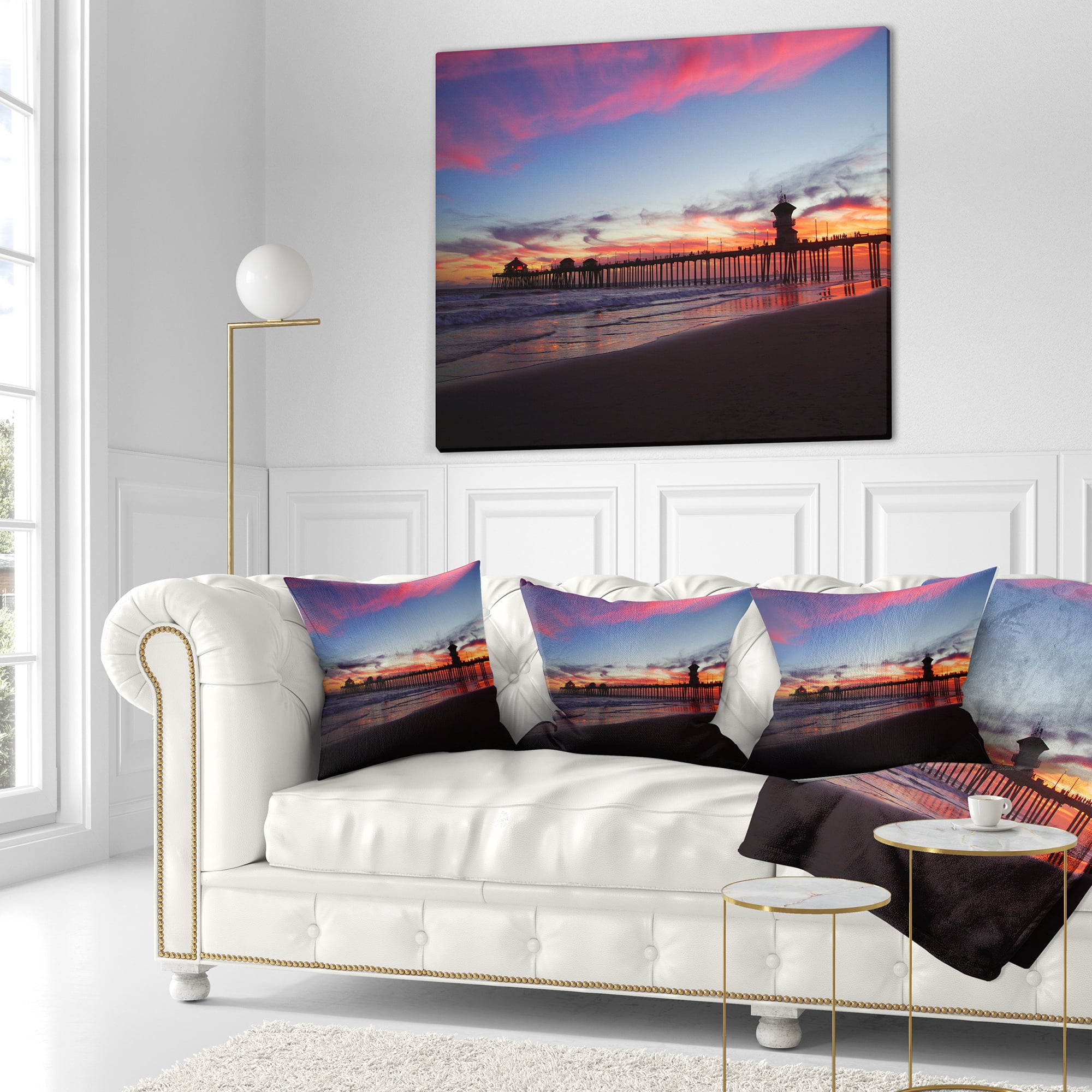 Designart Sea Bridge in California with Red Clouds - Seashore Throw Pillow - 18x18