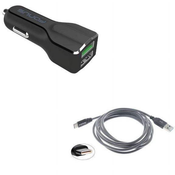 Charger Cord Type-C 6ft USB Cable w 2-Port USB 30W Car Charger M4L for LG V20, G6, V30 V50 ThinQ 5G, V40 ThinQ, V35 ThinQ, Q7 Plus, Google Nexus 5X, G8 ThinQ, G7 ThinQ, G Pad X II 10.1